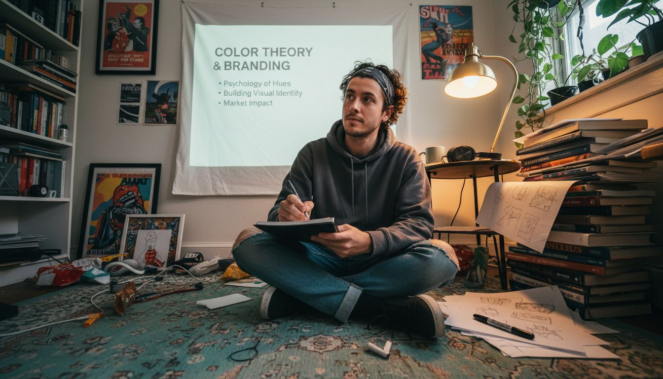 Designer taking notes while watching webinar projection