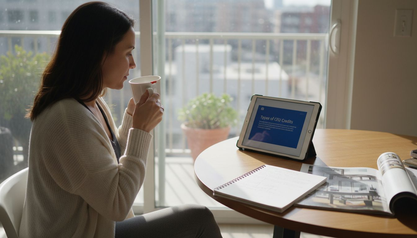 Architect watching CEU online seminar at kitchen table