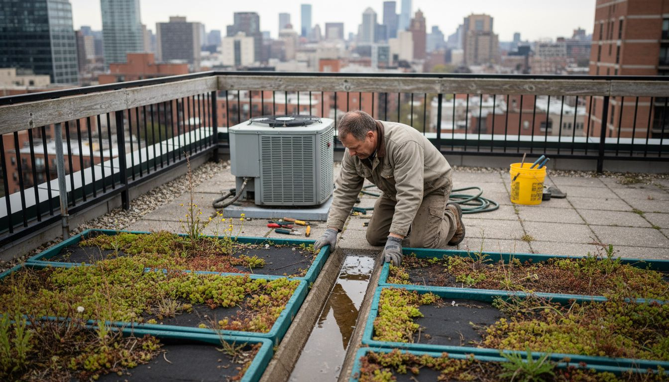 Worker checks plants on city green roof