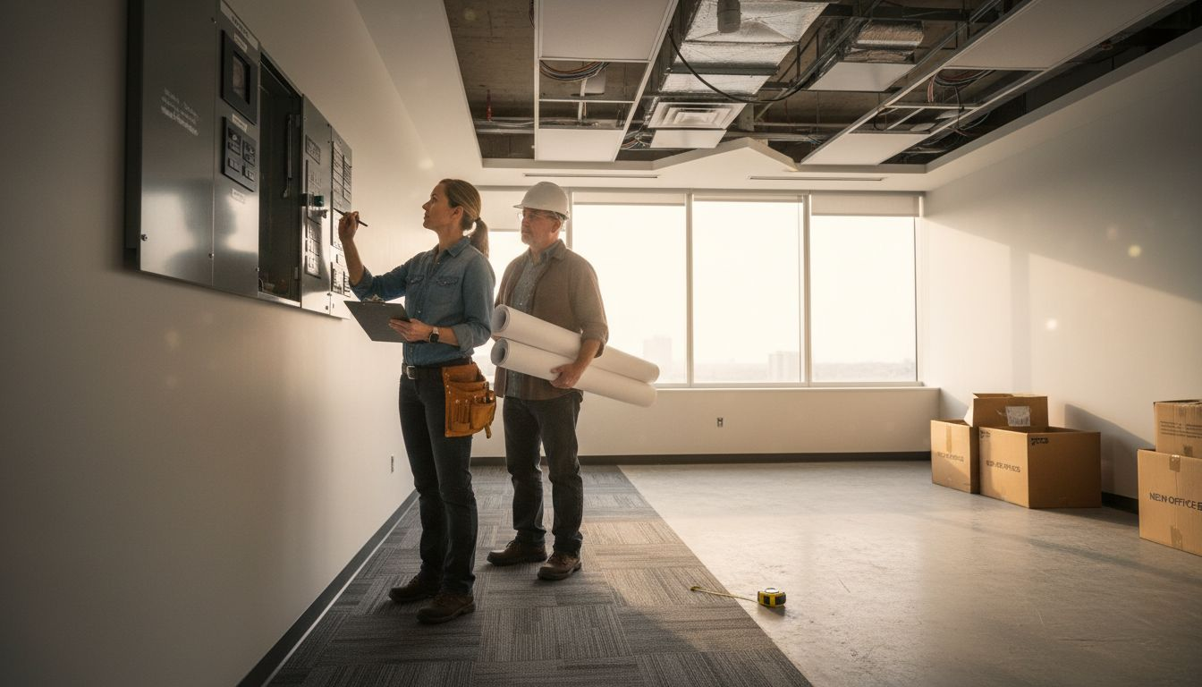 Engineer examines HVAC panel during site meeting