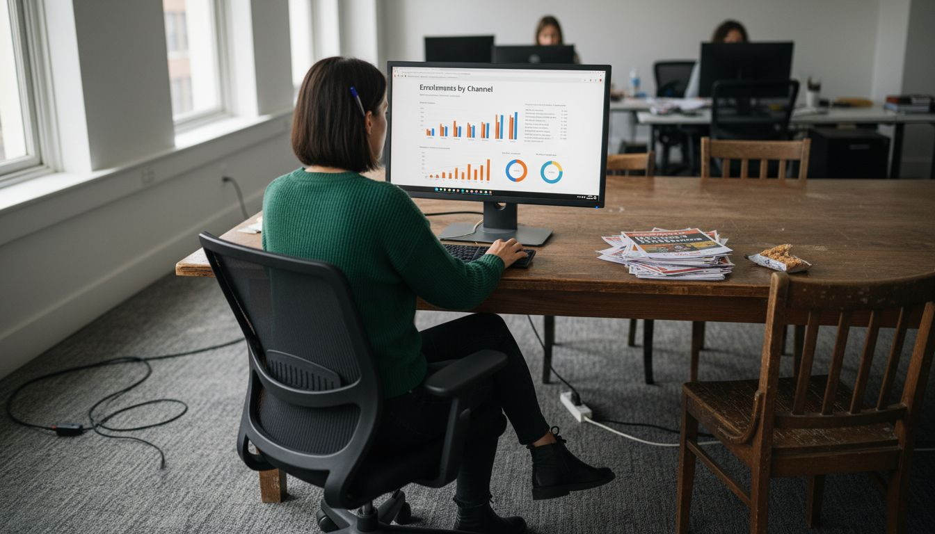 Marketer reviewing course channel analytics display