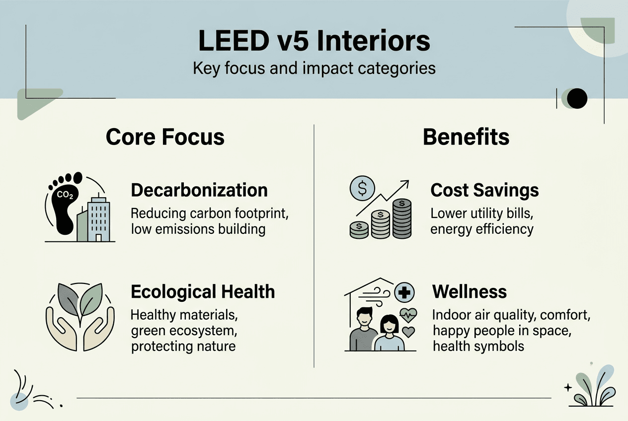 LEED v5 interiors focus and benefits infographic