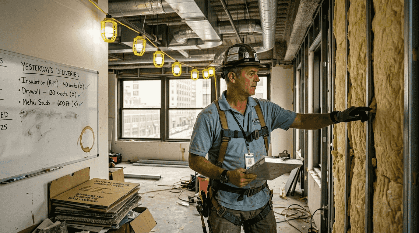 Supervisor checks sustainable interior materials