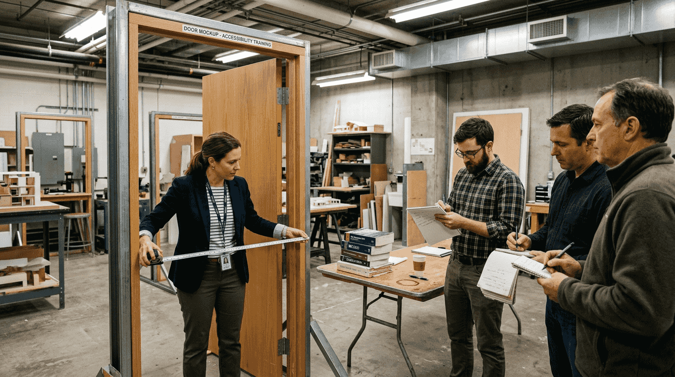 Architect demonstrating building code in training lab