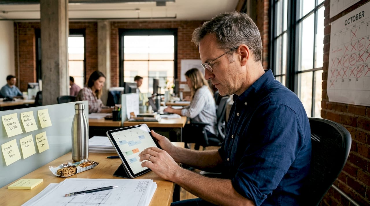 Architect scheduling upcoming webinars at desk