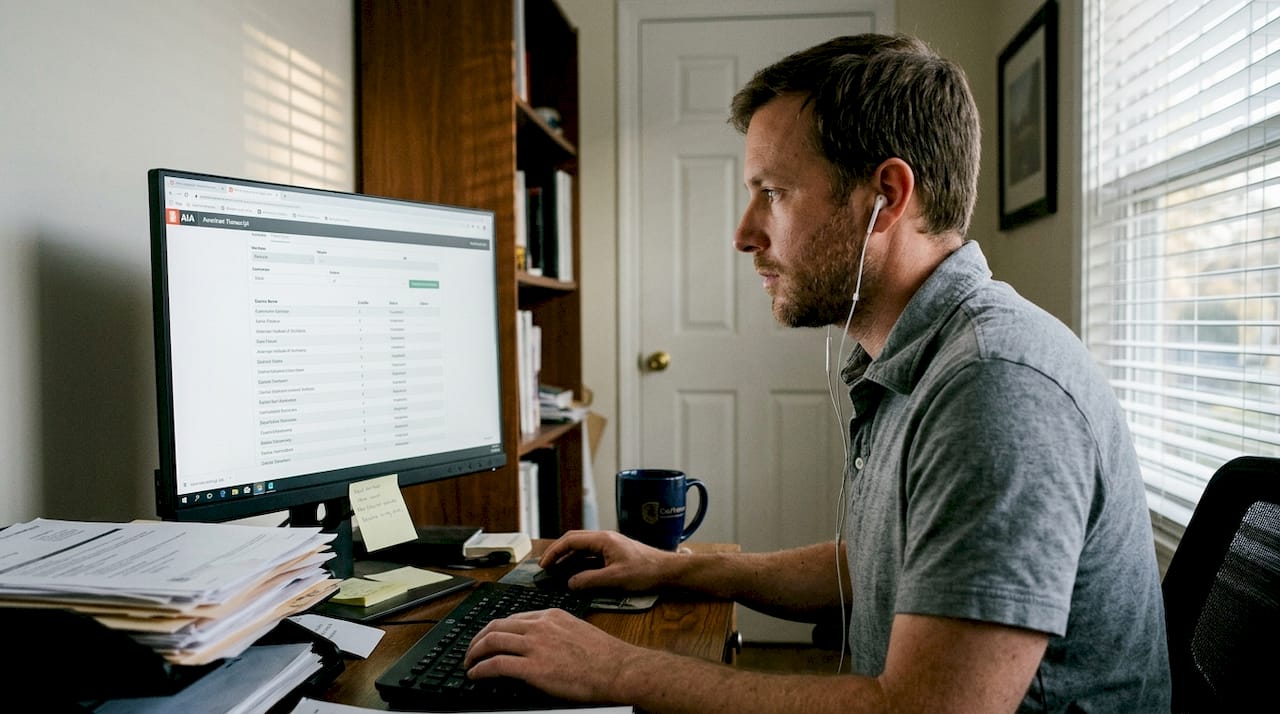 Man checking course credits at home office