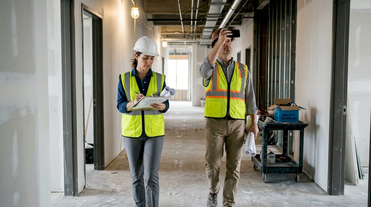 Architects inspecting active construction hallway