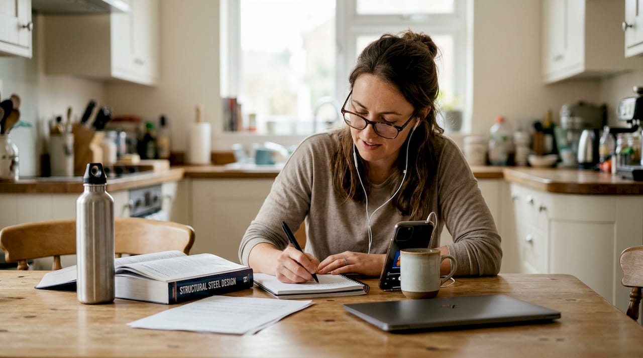 Engineer writing notes from podcast episode