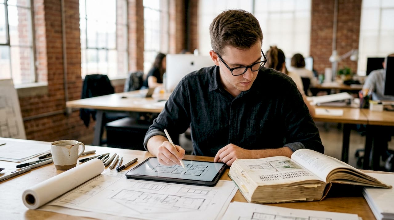 Designer annotating course material in studio