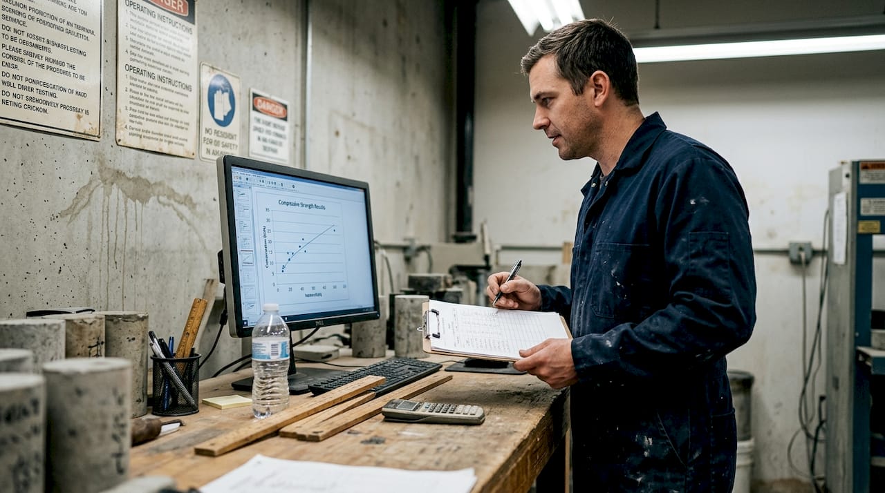 Engineer reviewing concrete strength results