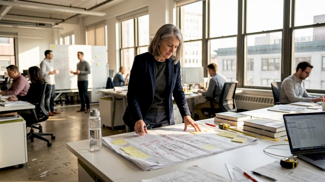 Architect reviewing plans in lively workspace