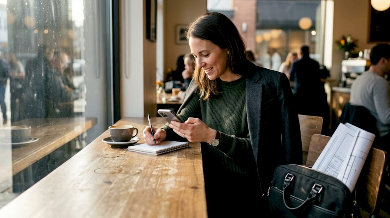 Architect taking notes while reviewing podcast trends