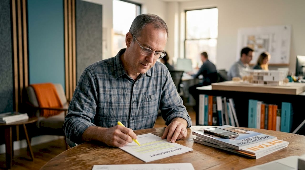 Architect checking AIA transcript at workspace