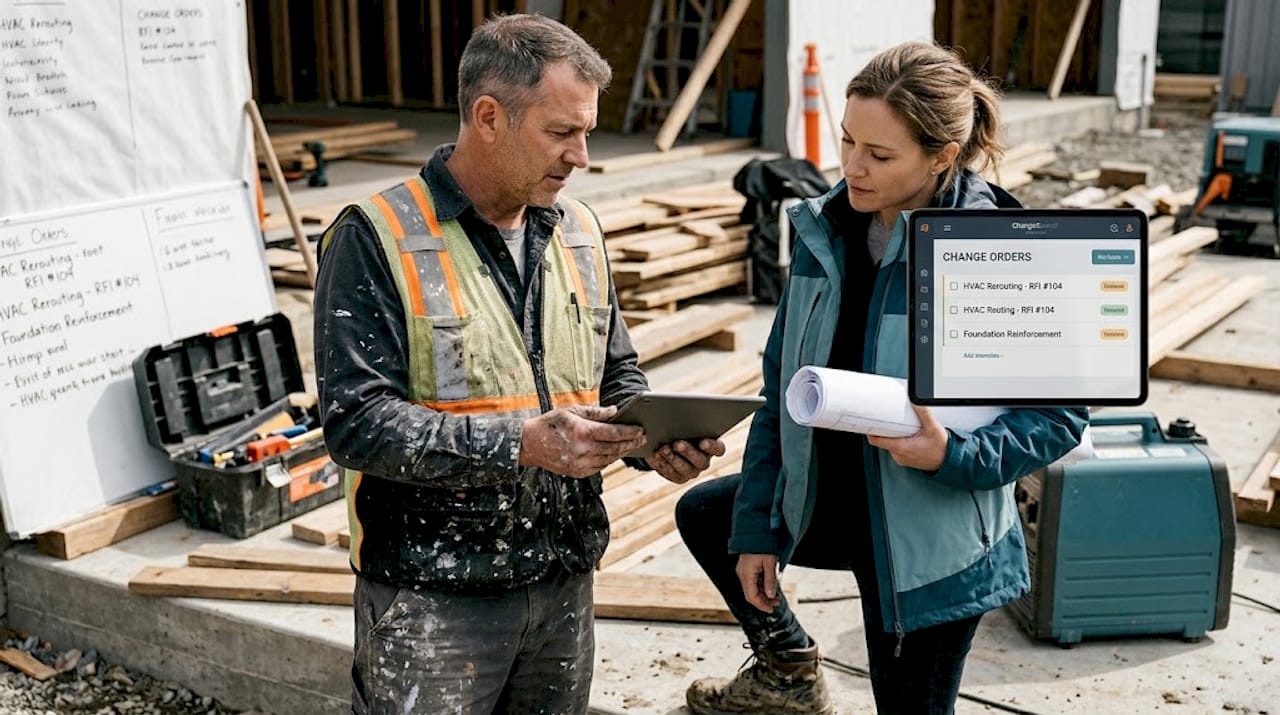 Foreman and architect review change orders onsite