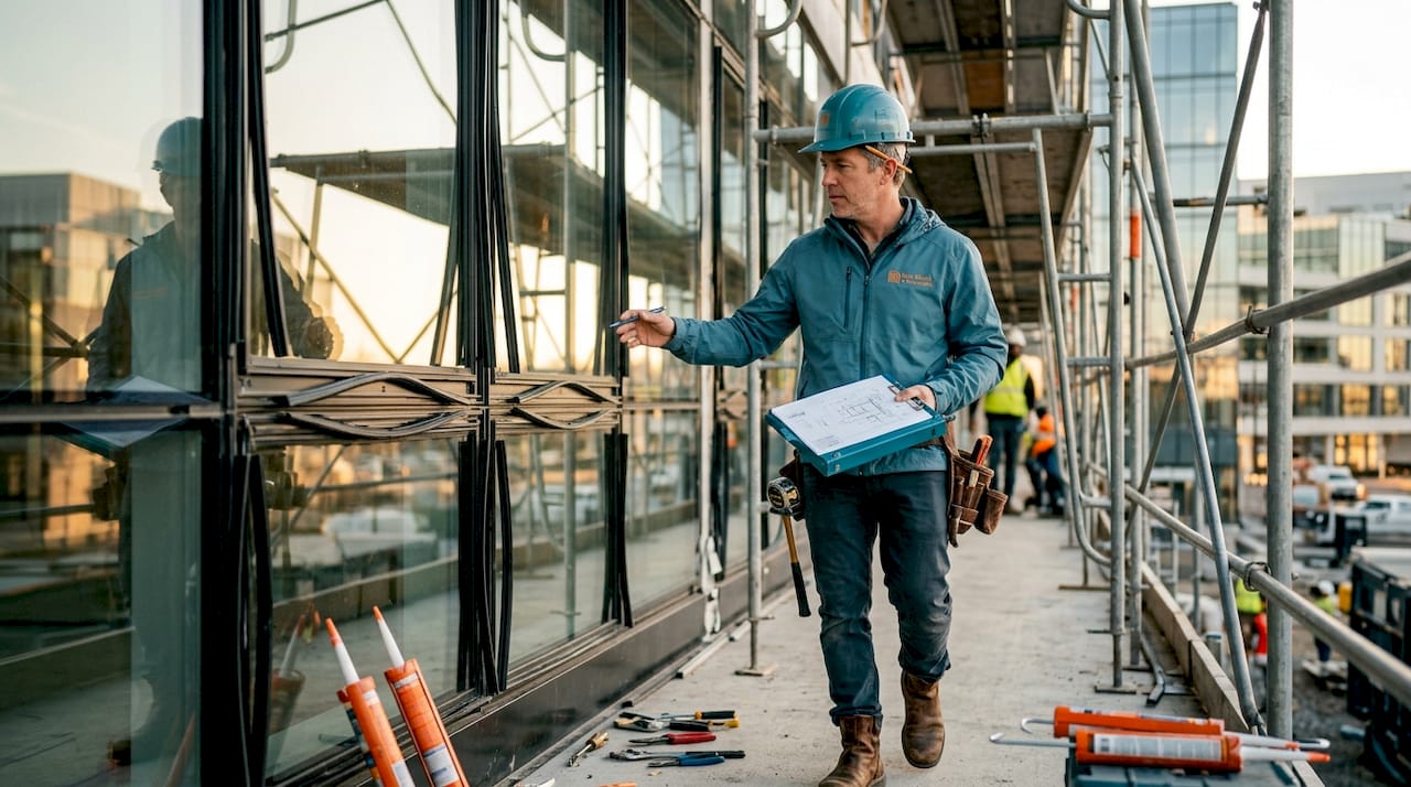 Facade engineer inspecting curtain wall onsite
