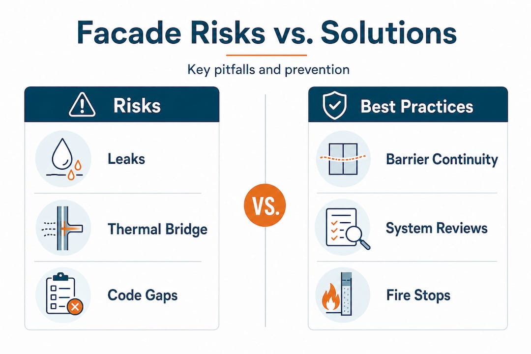 Infographic comparing facade risks and solutions