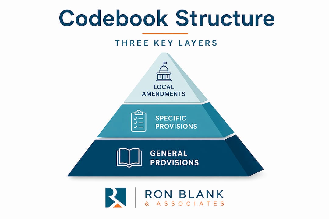 Infographic pyramid showing building code structure layers