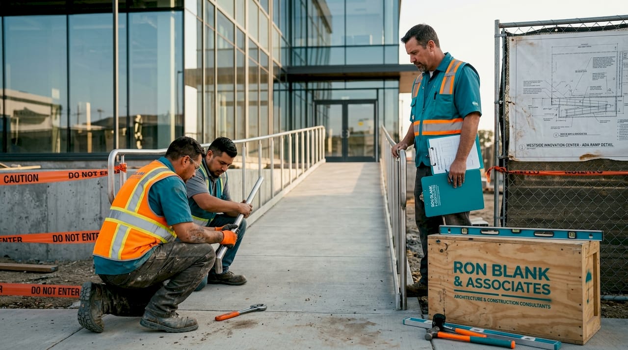 Workers installing handrails on new ADA ramp