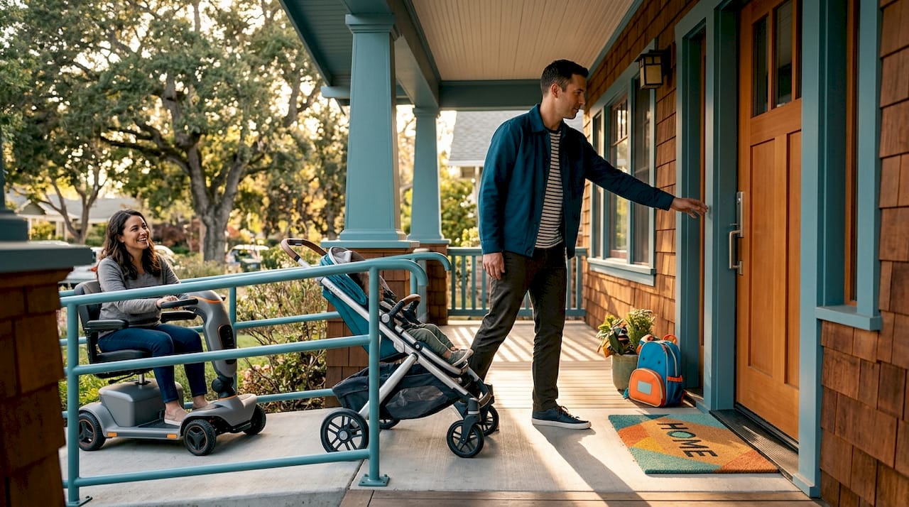 Family using accessible zero-step entrance at home