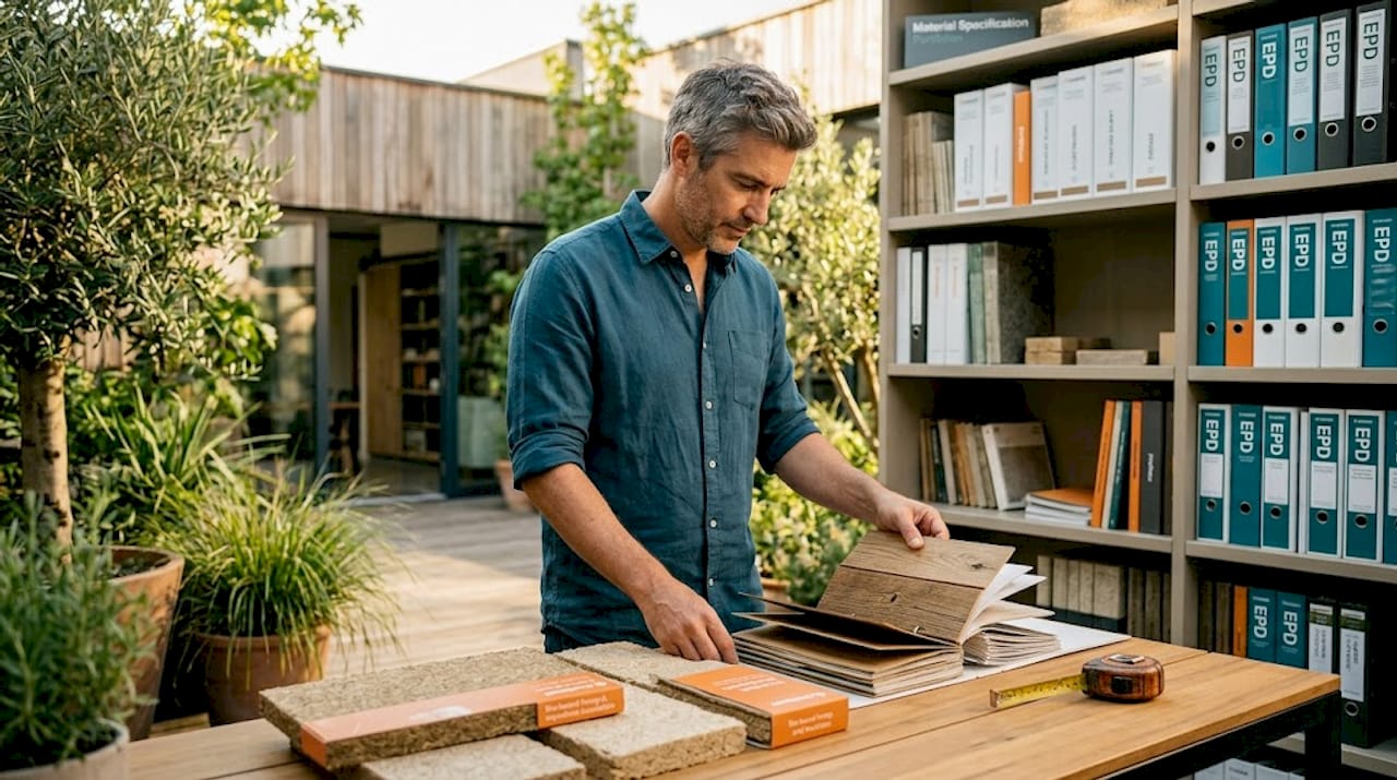Designer examining sustainable material samples and EPD labels