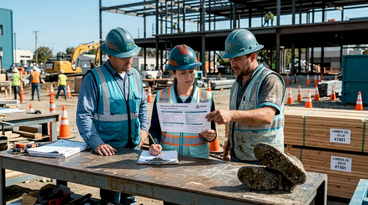 Subcontractors discussing specs at construction site