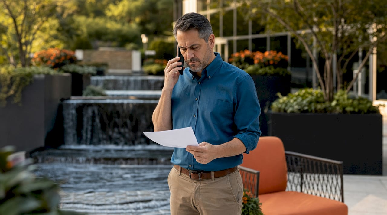 Engineer on phone with project documents in meeting room