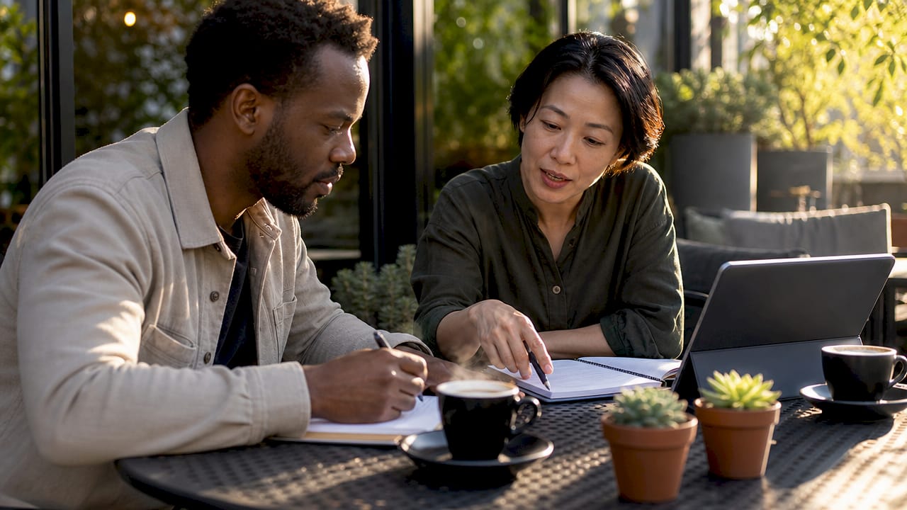 Two architects discussing credit planning in café