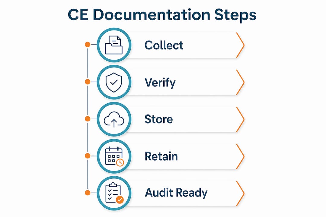 Infographic showing steps to document continuing education hours