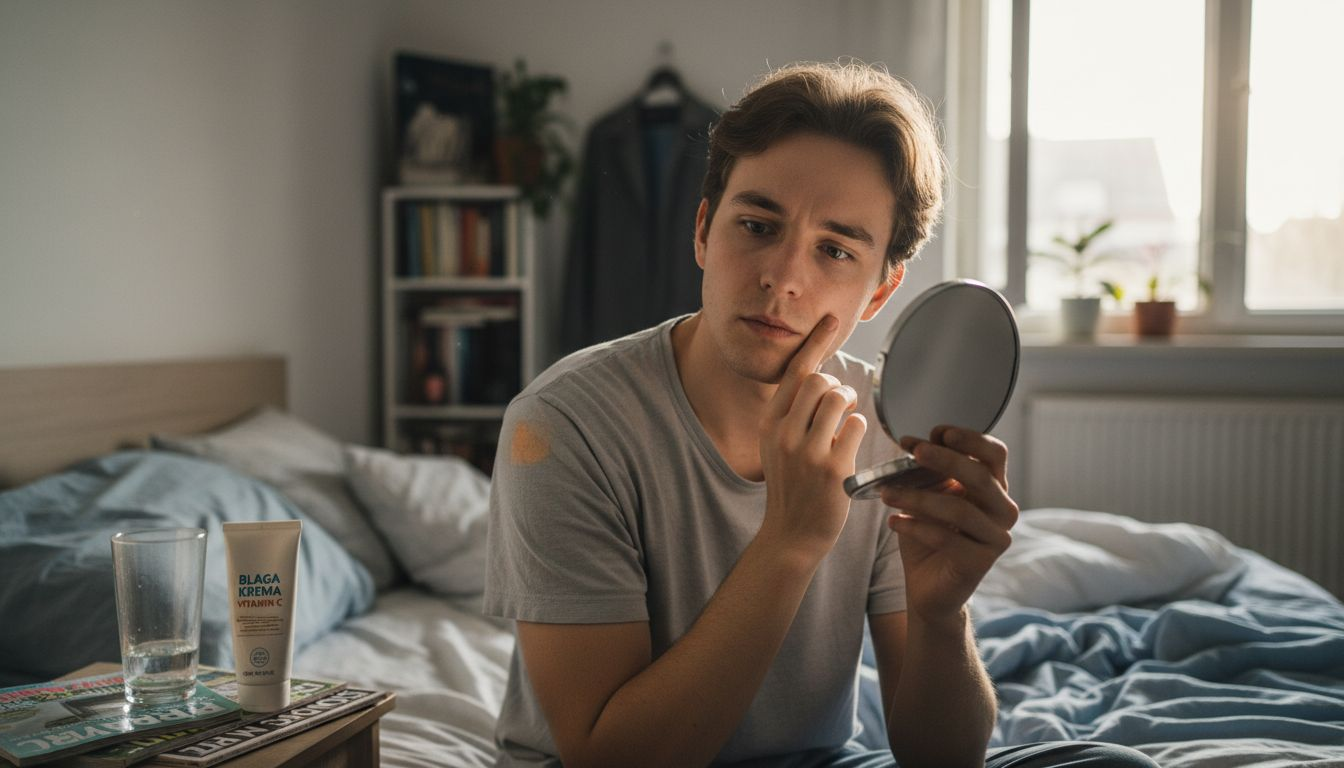 Muškarac nanosi kremu s vitaminom C i provjerava stanje svoje kože.