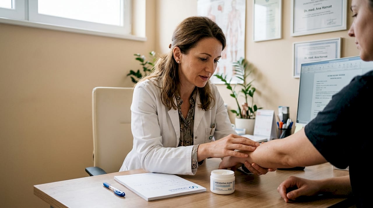 Dermatolog pažljivo pregledava kožu pacijenta kako bi procijenio njezinu zaštitnu barijeru.