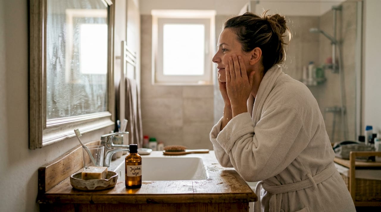 Woman applying moisturiser to her face in her bathroom.