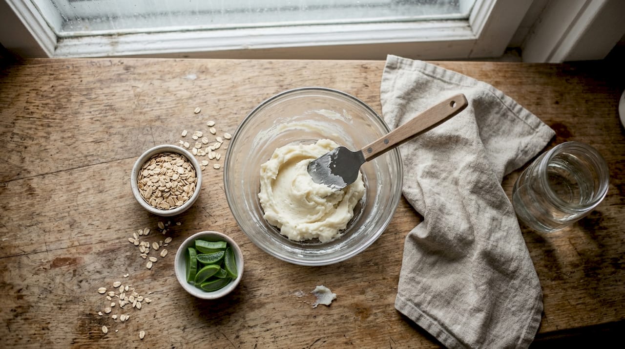 Natural skincare ingredients arranged on a kitchen counter