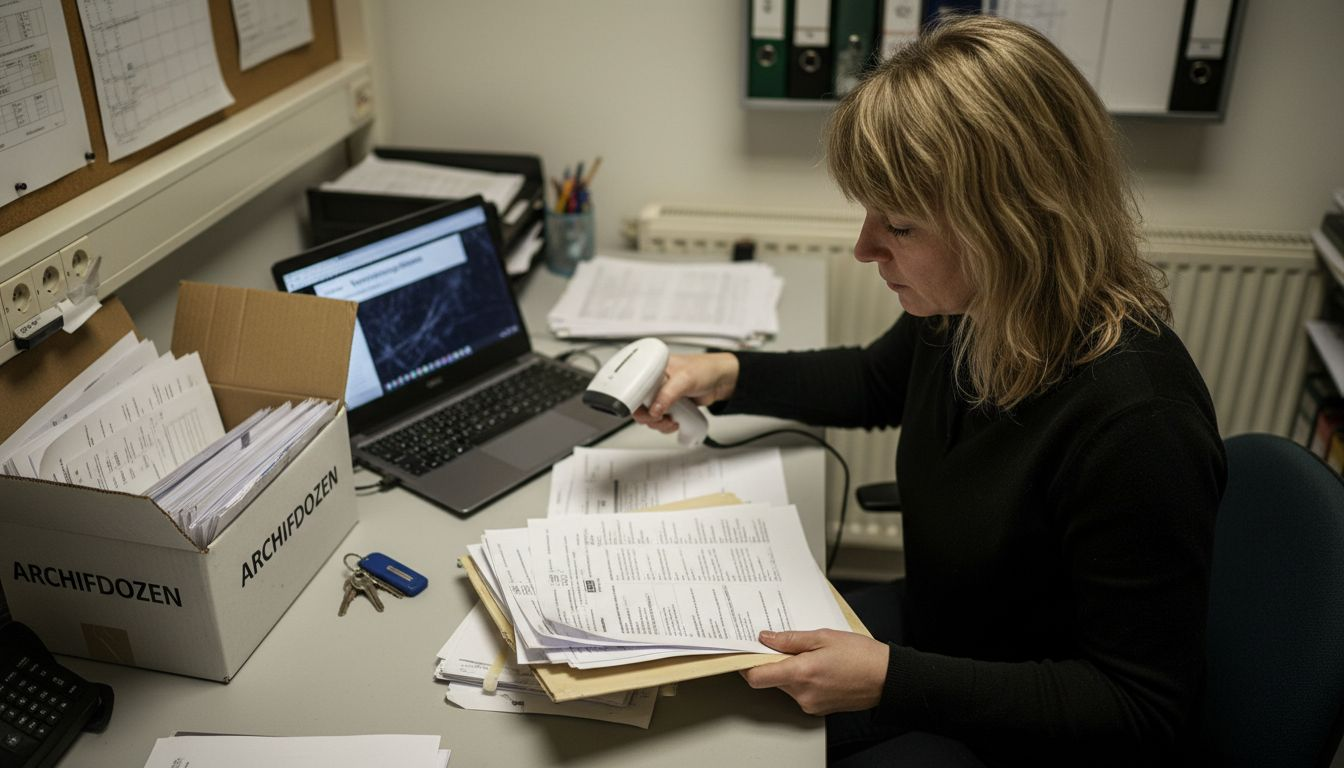 Een collega digitaliseert verzekeringspapieren voor het bedrijf.