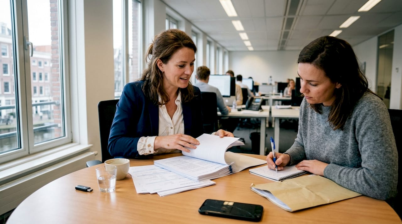 De verzekeringsadviseur neemt samen met u de polisvoorwaarden door.