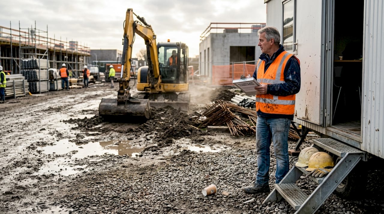Een voorman met verzekeringspapieren op de bouwplaats