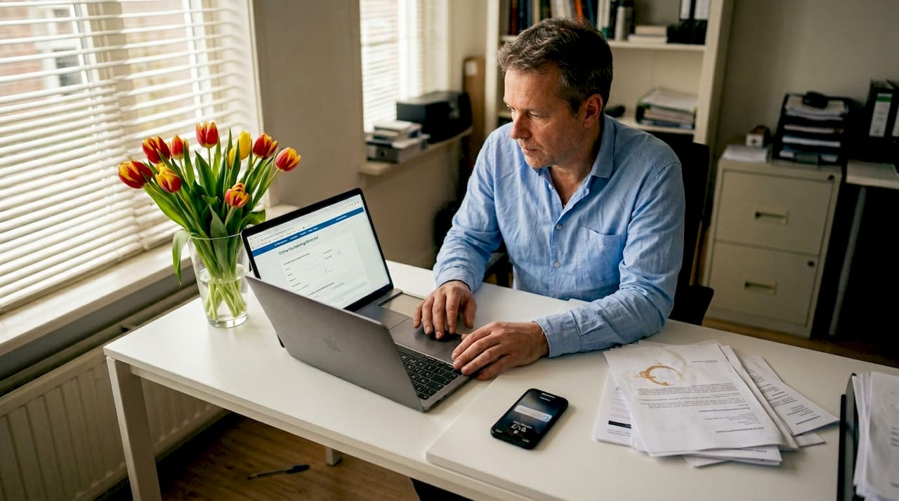 Een zzp’er is op kantoor bezig met het invullen van een verzekeringsformulier.