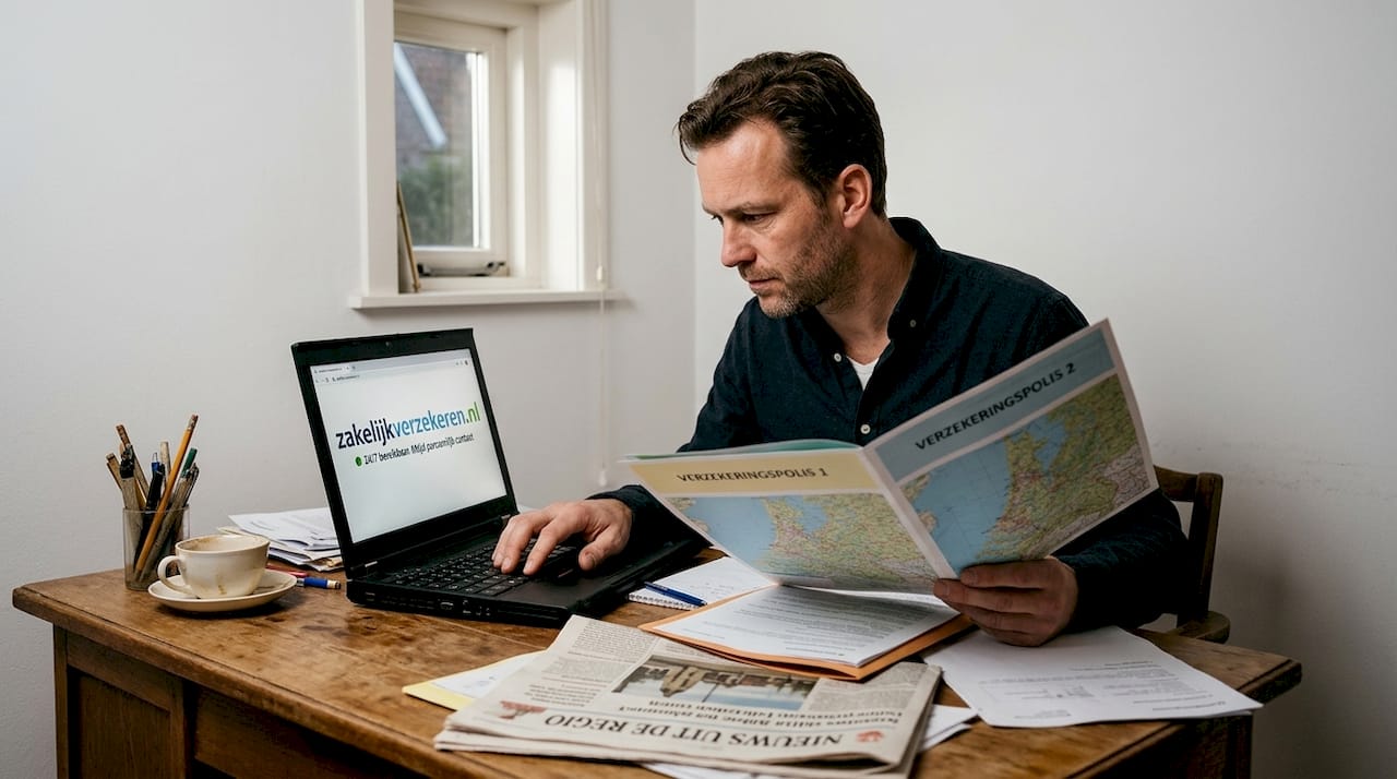 Zelfstandige ondernemer vergelijkt verzekeringen vanuit zijn eigen werkkamer
