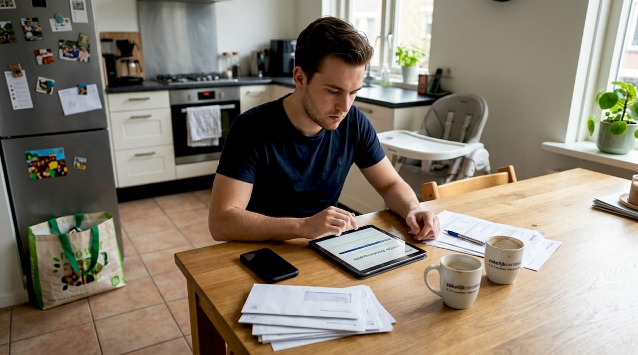 Een starter bladert door zijn verzekeringspapieren aan een keukentafel vol spullen.