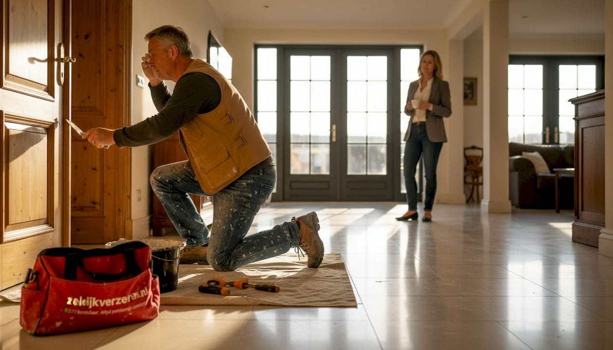 Een aannemer is bij de klant thuis bezig met een reparatie.