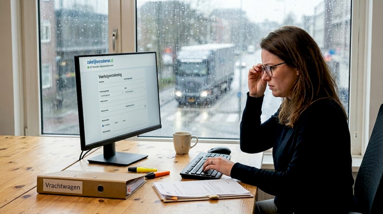 Een verzekeringsadviseur bekijkt de polisvoorwaarden van een vrachtwagenverzekering.