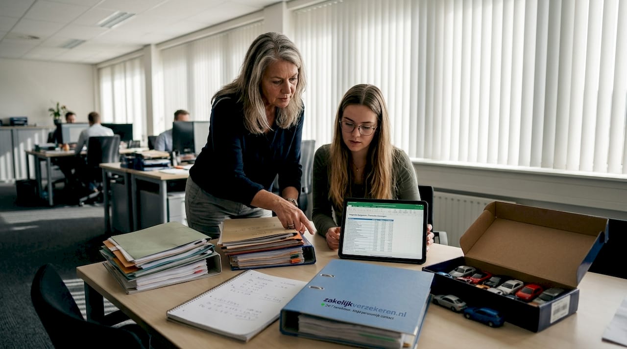 Twee collega's overleggen over de premie voor het wagenpark