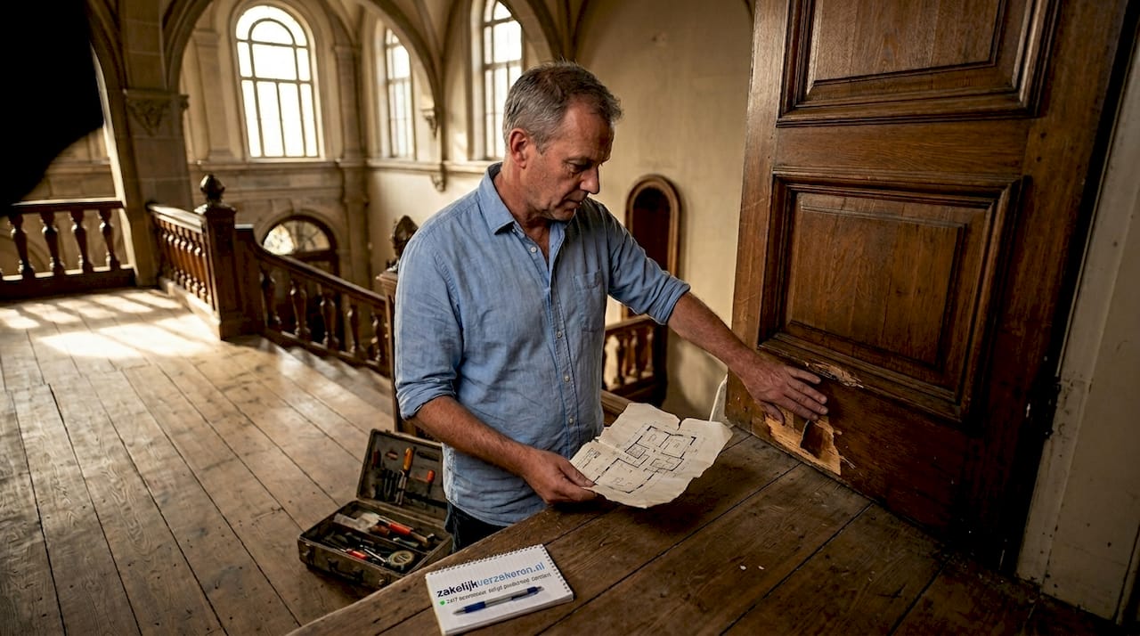 Ondernemer bekijkt schade aan historisch pand