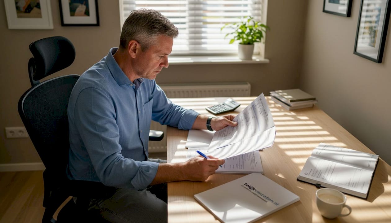 Een ondernemer neemt op kantoor rustig de tijd om verschillende verzekeringspolissen naast elkaar te leggen en te vergelijken.
