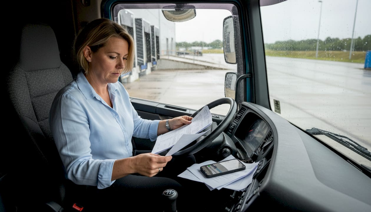 Een vrouw bekijkt de vrachtpapieren in de cabine van haar vrachtwagen.