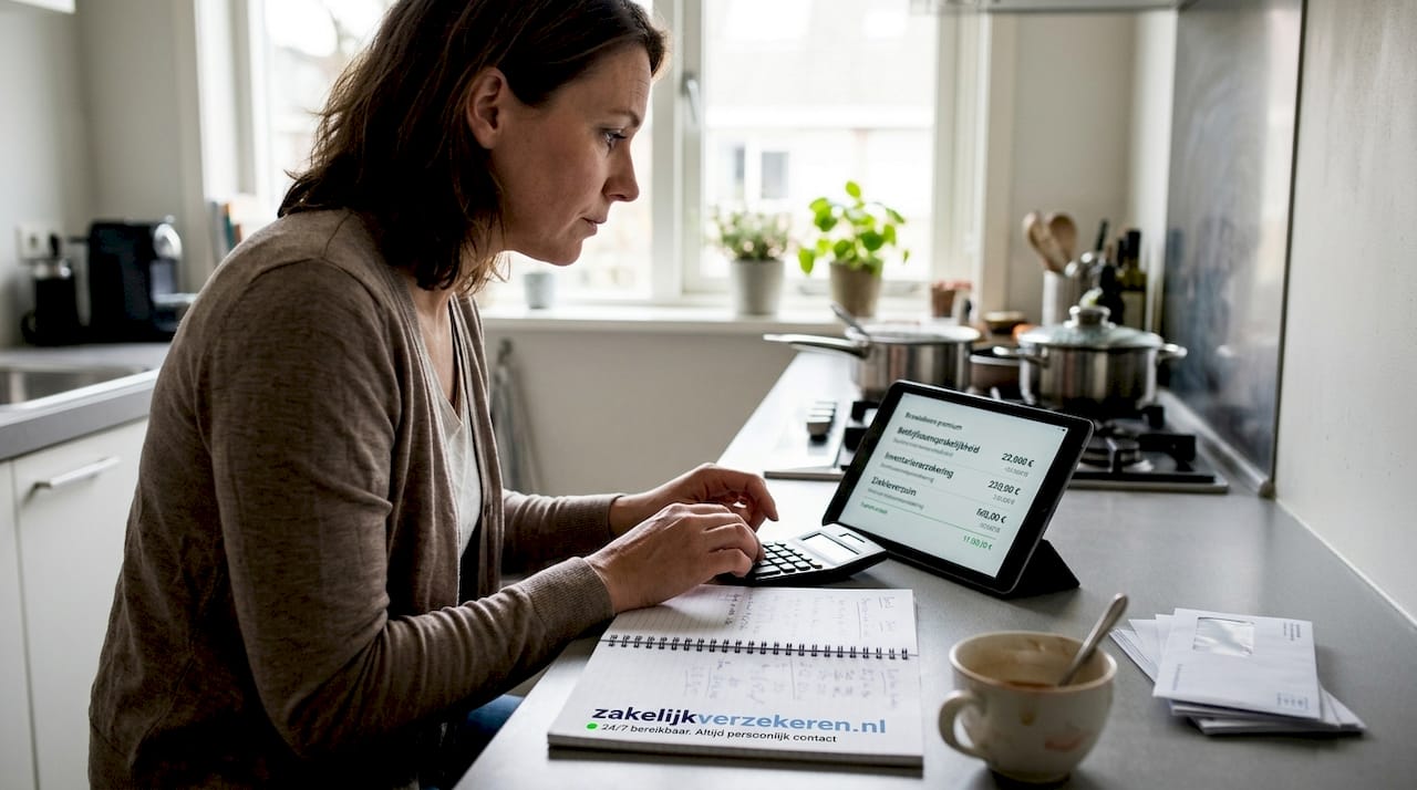 Vrouw zet verschillende inkomensverzekeringen naast elkaar aan de keukentafel