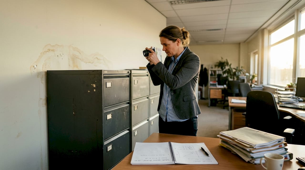 Een schade-expert legt de opgelopen schade aan het bedrijfspand vast.