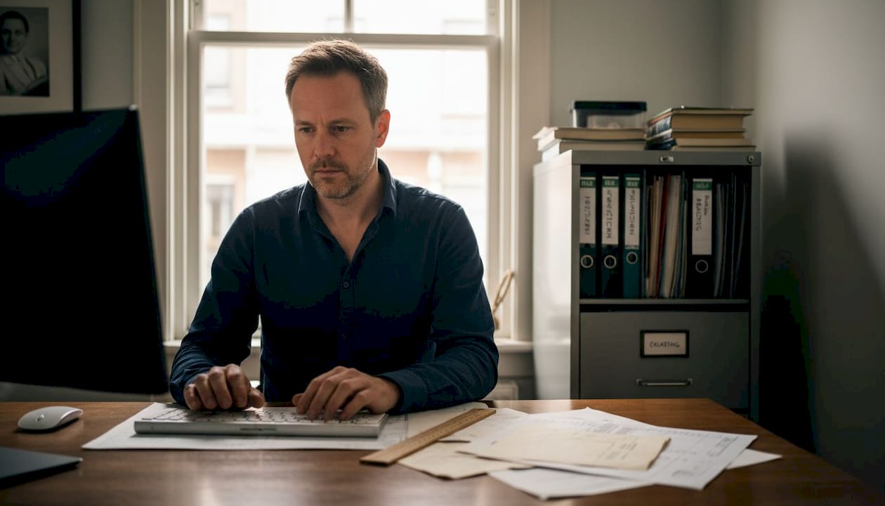 Een man zit aan zijn bureau en vult zijn verzekeringsgegevens in.