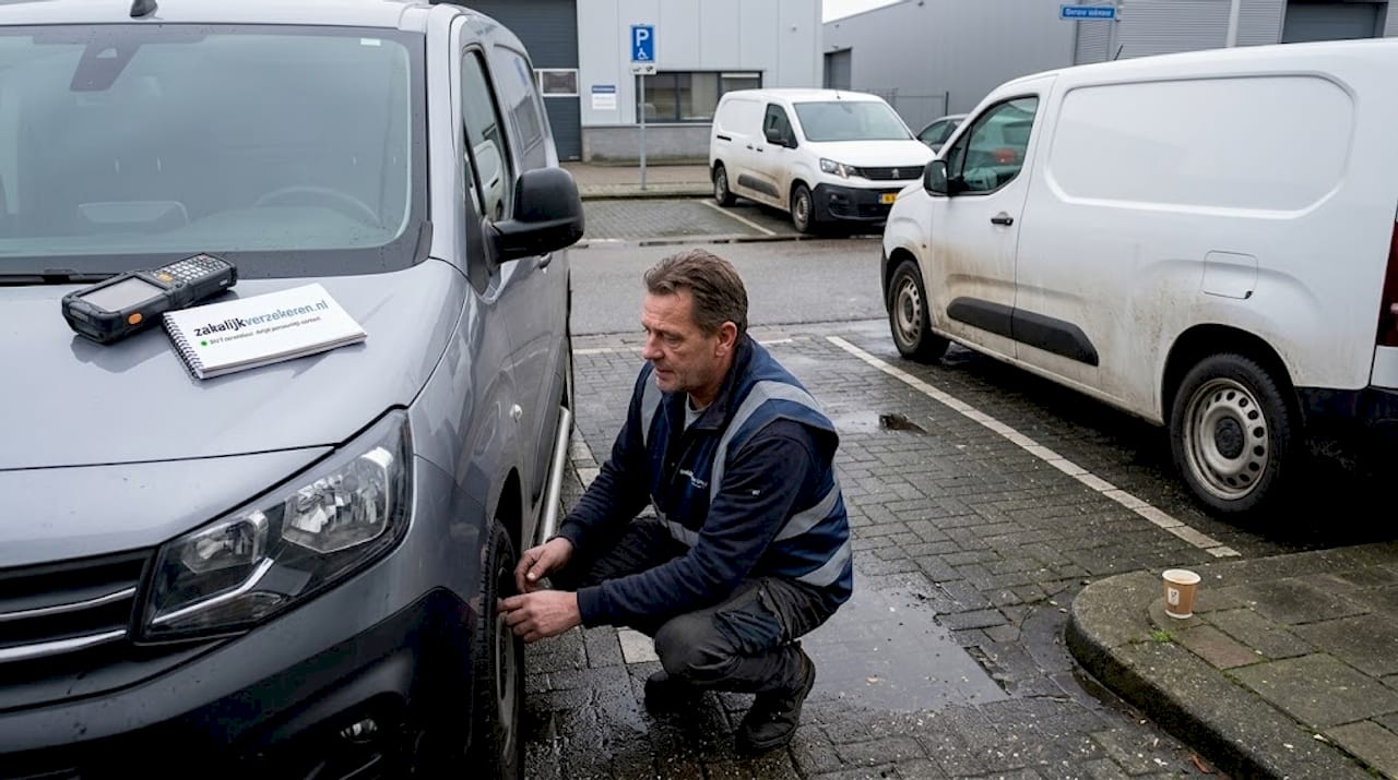 Een medewerker in een veiligheidshesje controleert een bestelbus op het parkeerterrein.