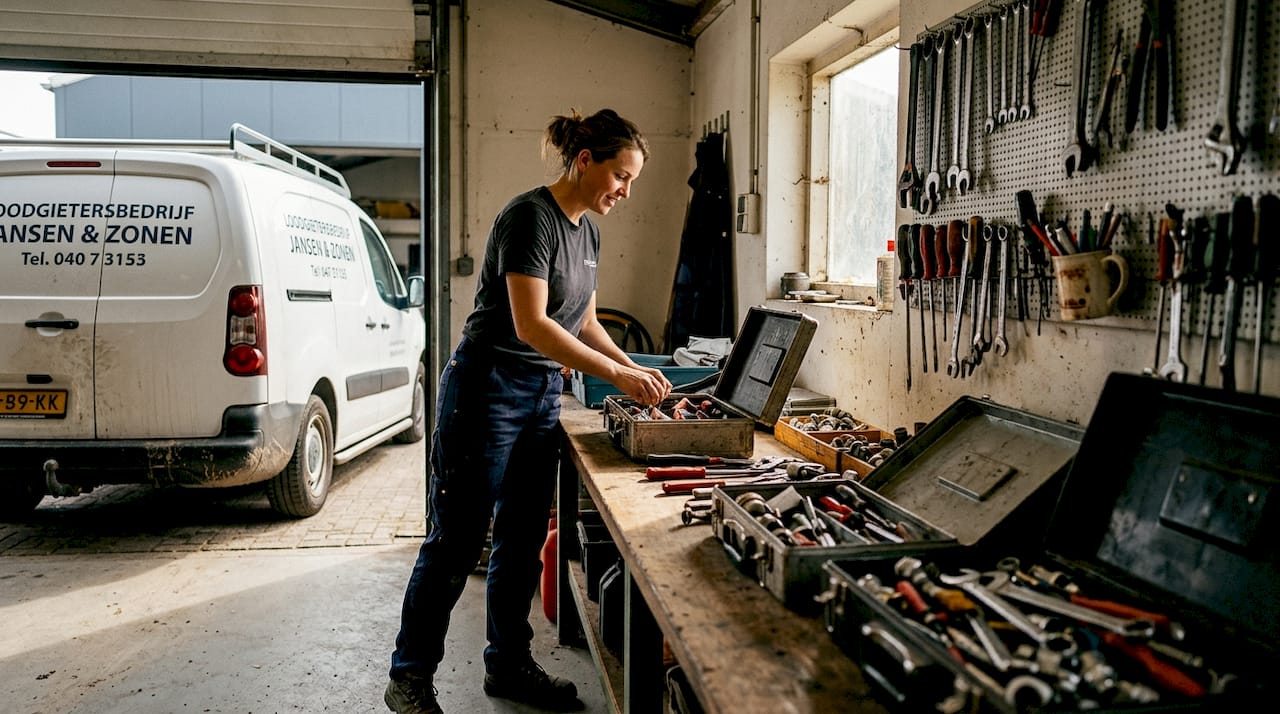 De loodgieter loopt zijn gereedschap in de werkplaats na om te checken of alles op voorraad is.