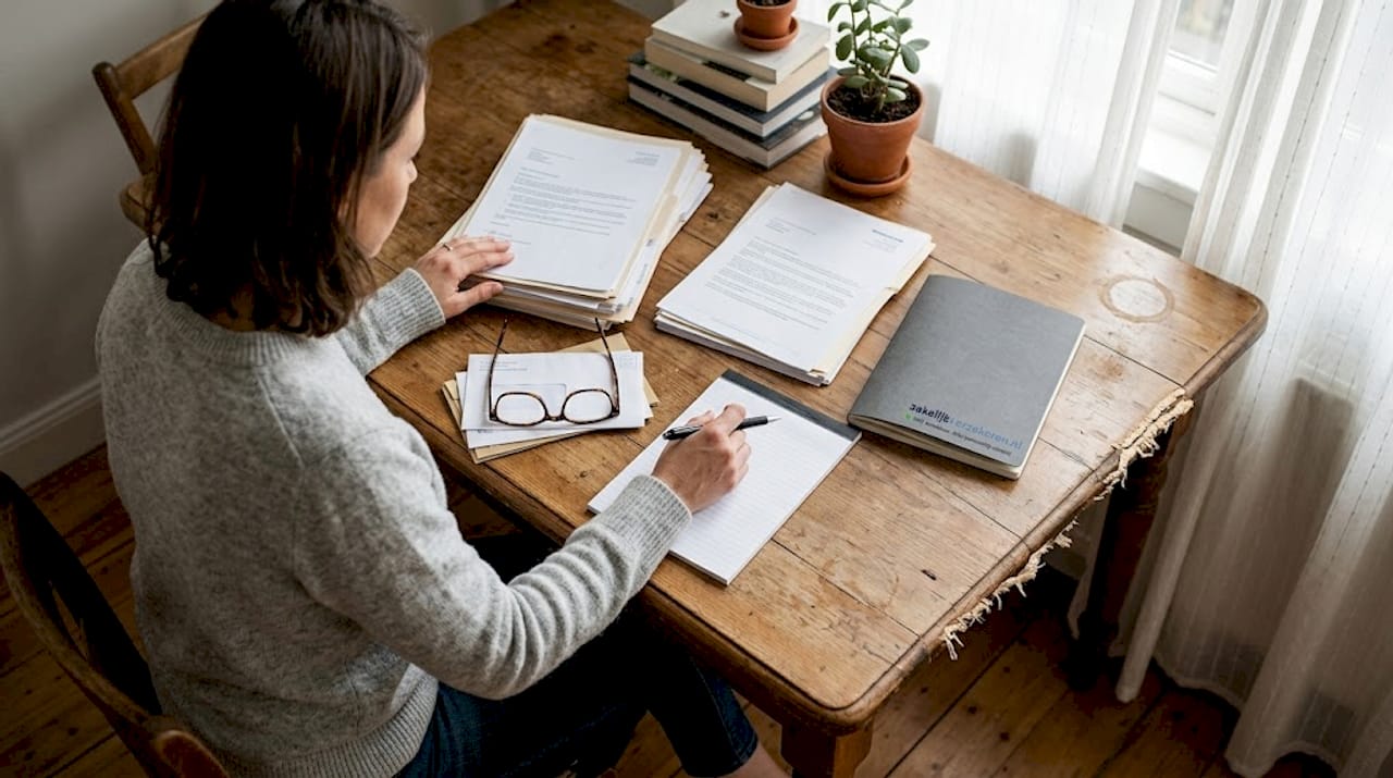 Vrouw bekijkt en vergelijkt haar persoonlijke en zakelijke verzekeringspapieren